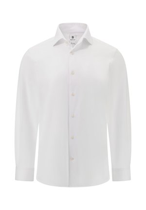 Camicia da uomo bianca a maniche lunghe con colletto classico, bottoni beige e polsini cuciti, esposta frontalmente su sfondo bianco.