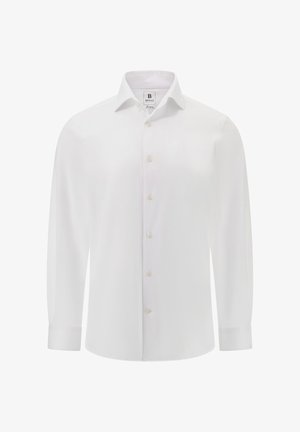 Valge pikkade varrukatega mehe triiksärk klassikalise kraega, beežide nuppudega ja tikandiga mansettidega, esitletud esipaneelilt valgel taustal.