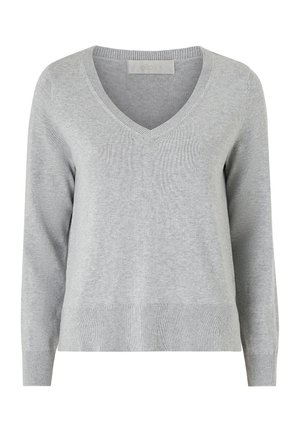 Suéter de cuello en V gris claro, hecho de un suave tejido de punto. Presenta mangas largas, puños y dobladillo acanalados, y un corte relajado.
