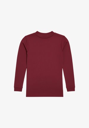 Top burdeos de manga larga con cuello alto. Fabricado con una tela suave y lisa. Cuenta con mangas ajustadas y un dobladillo recto para un aspecto elegante.
