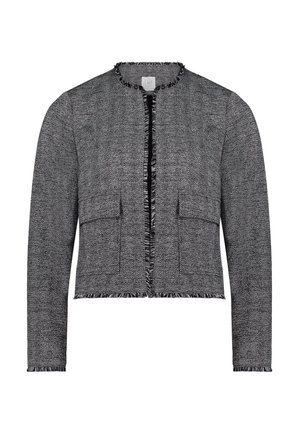 Zwart-wit herringbone-geweven jasje met een cropped ontwerp, open voorkant, franjes aan de randen en twee voorzakken.