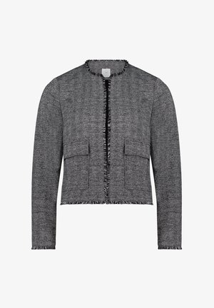 Schwarze und weiße Jacke mit Fischgrätenstruktur, crop Design, offener Vorderseite, fransigen Kanten und zwei vorderen Taschen.