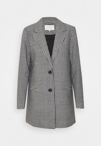 Veston noir et blanc à motif pied-de-poule avec revers, boutons à l'avant, deux poches et intérieur doublé. Coupe ajustée avec manches longues.