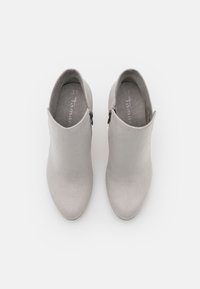 Gray ankle boots with a smooth suede texture, pointed toe, and a side zipper. Size 37, featuring a minimalist design.