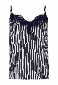 Zwart-witte cami top met verticale strepen, kantafwerking langs de halslijn en verstelbare bandjes voor een op maat gemaakte pasvorm.