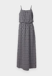 Robe longue avec motif géométrique noir et blanc, bretelles fines, taille élastique et tissu fluide. Design simple et ourlet à hauteur des genoux.