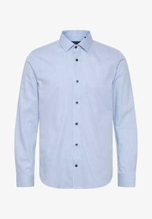 Hele sinine triibuline pikade varrukatega särk terava kraega, nupuvajutusega esiosa ja reguleeritavate mansettidega. Omab kontrastseid tumedaid nuppe ja pehmet tekstuuri.