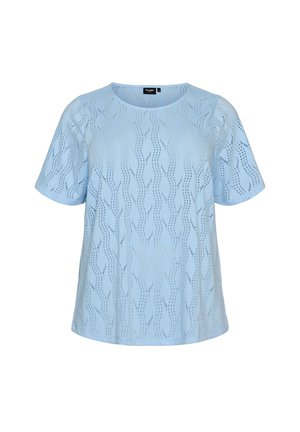 Blusa azzurro chiaro a maniche corte con scollo rotondo e motivo ondulato traforato su tutto il tessuto.