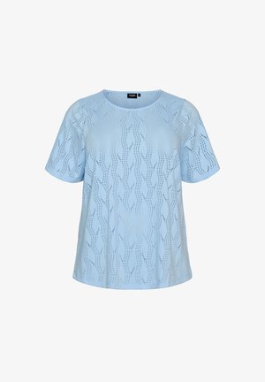 Blusa azzurro chiaro a maniche corte con scollo rotondo e motivo ondulato traforato su tutto il tessuto.