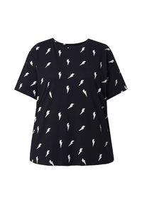 Czarny t-shirt z krótkim rękawem z powtarzającym się wzorem białych błyskawic. Wykonany z miękkiego materiału, o luźnym kroju i okrągłym dekolcie.