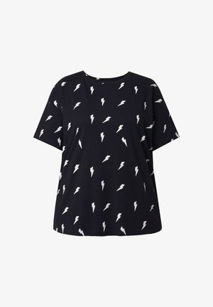 Zwarte korte mouwen t-shirt met een herhaald wit bliksemschichtpatroon. Gemaakt van zachte stof met een ontspannen pasvorm en ronde halslijn.