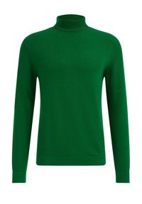 Pull à col roulé vert en tissu tricoté. Il présente des manches longues, un col ajusté et une texture lisse.