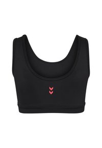 Svart sport-bh i stretchigt tyg med rundad ringning och en rosa chevron-logga i mitten. Sömlösa kanter.