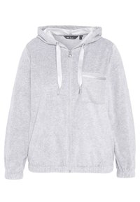 Hellgrauer Reißverschluss-Hoodie mit Kapuze mit Kordelzug, Fronttasche, gerippten Bündchen und weicher Stofftextur. Verfügt über kontrastierende Besätze an der Tasche.