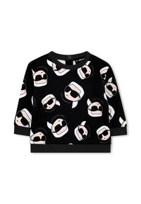 Felpa nera con un motivo ripetuto di volti in stile cartone animato con occhiali da sole, capelli bianchi e il testo "KARL LAGERFELD." Tessuto morbido.