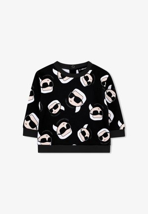 Felpa nera con un motivo ripetuto di volti in stile cartone animato con occhiali da sole, capelli bianchi e il testo "KARL LAGERFELD." Tessuto morbido.