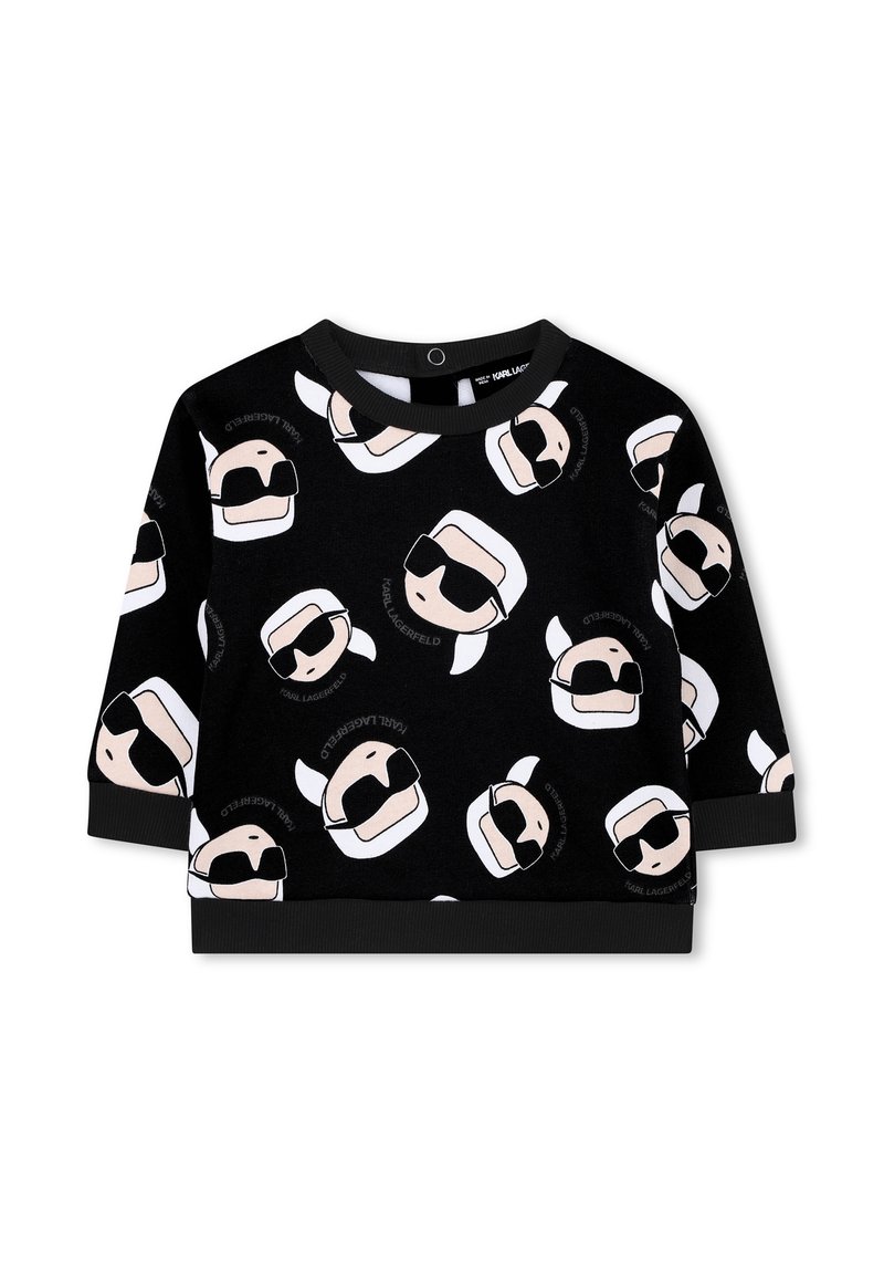 Felpa nera con un motivo ripetuto di volti in stile cartone animato con occhiali da sole, capelli bianchi e il testo "KARL LAGERFELD." Tessuto morbido.