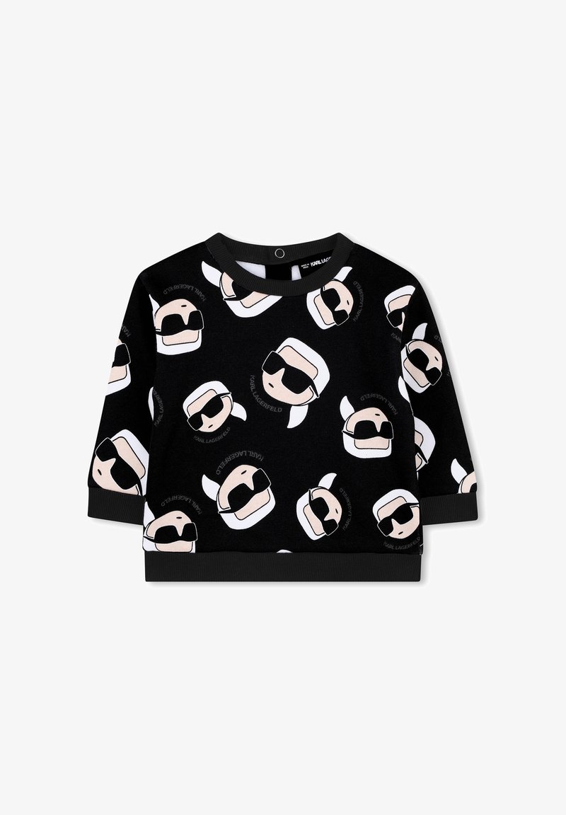 Felpa nera con un motivo ripetuto di volti in stile cartone animato con occhiali da sole, capelli bianchi e il testo "KARL LAGERFELD." Tessuto morbido.