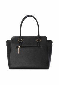 Bolso de cuero negro con un acabado texturizado, asas superiores dobles, bolsillo con cremallera en la parte frontal y acentos de hardware dorado.