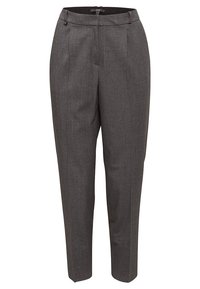 Pantalons gris ajustés au tissu lisse, avec des plis avant, une taille cintrée et une coupe droite. Pas de poches visibles.