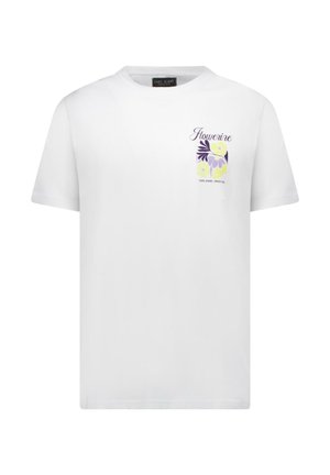 Wit T-shirt met korte mouwen, bedrukt met een bloemenpatroon in paars en geel op de linkerborst. Zacht katoenen stof.