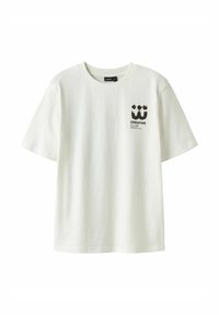 White cotton T-shirt featuring short sleeves, a crew neckline, and a black graphic print with text on the left chest area.