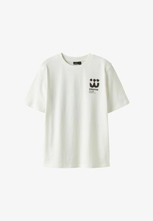 White cotton T-shirt featuring short sleeves, a crew neckline, and a black graphic print with text on the left chest area.