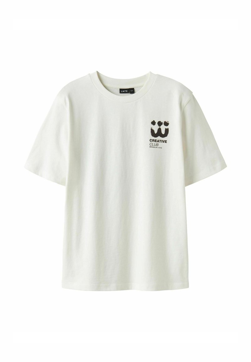 White cotton T-shirt featuring short sleeves, a crew neckline, and a black graphic print with text on the left chest area.