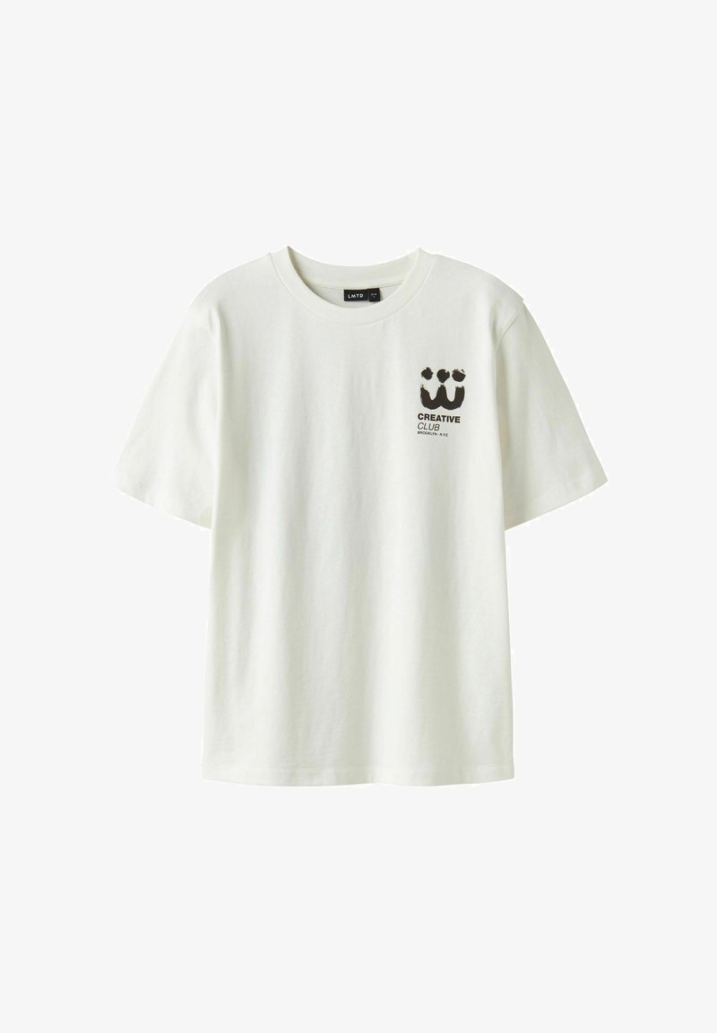 White cotton T-shirt featuring short sleeves, a crew neckline, and a black graphic print with text on the left chest area.