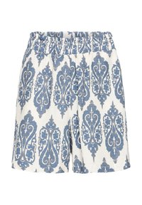 Pantaloni corti bianchi con motivo damascato blu, vita elastica, design plissettato e texture di tessuto leggero.