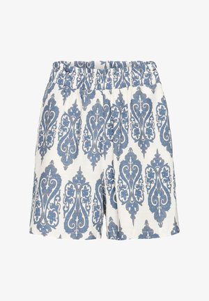 Bijele shorts s plavim damast uzorkom, elastičnim pojasom, naboranim dizajnom i laganom tkaninom.