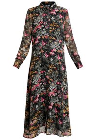 Robe noire à fleurs avec manches longues, présentant une variété de couleurs incluant le rose, l'orange et le blanc. Tissu léger et fluide avec un col.