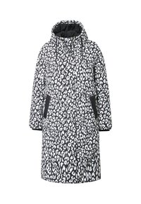 Abrigo acolchado de leopardo en blanco y negro con capucha, que cuenta con dos bolsillos laterales y cierre de cremallera. Textura suave y diseño hasta la rodilla.
