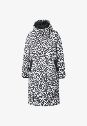 Cappotto imbottito leopardato bianco e nero con cappuccio, dotato di due tasche laterali e chiusura con zip. Tessuto liscio e design lunghezza ginocchio.