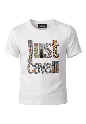 Maglietta bianca a maniche corte con testo "Just Cavalli" multicolore a motivo sulla parte anteriore e etichetta nera del brand all'interno del colletto.