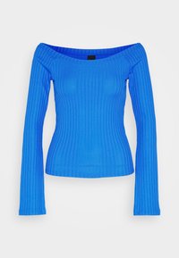 Ribbed off-the-shoulder top in vibrant blue, featuring long sleeves and a fitted design, smooth texture, and even stitching.