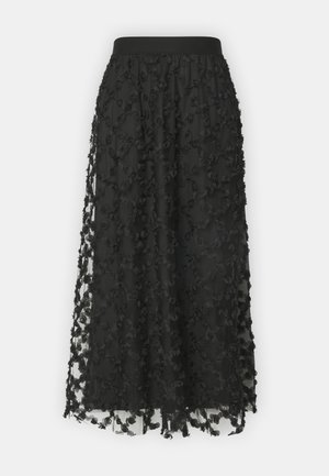 Jupe noire midi avec un dessus en tulle transparent orné d'appliqués floraux texturés, une taille lisse et une silhouette fluide.