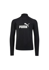 Schwarzes Langarmshirt aus glattem Stoff, mit hohem Kragen und großem weißen PUMA-Logo auf der Vorderseite.
