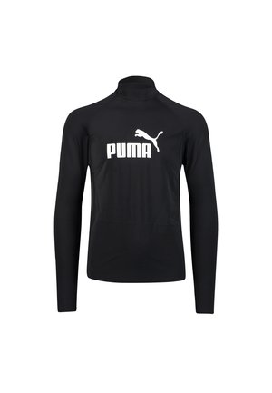 Zwarte langwerpige shirt met lange mouwen gemaakt van gladde stof, met een hoge kraag en een groot wit PUMA-logo op de voorkant.