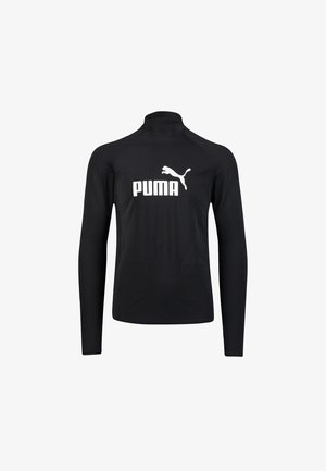 Zwarte langwerpige shirt met lange mouwen gemaakt van gladde stof, met een hoge kraag en een groot wit PUMA-logo op de voorkant.