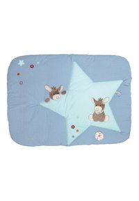 Blaue gepolsterte Decke in Sternform mit punktueller Textur. Beinhaltet zwei braune Esel-Plüschtiere, bunte Akzente und ein verspieltes Design.