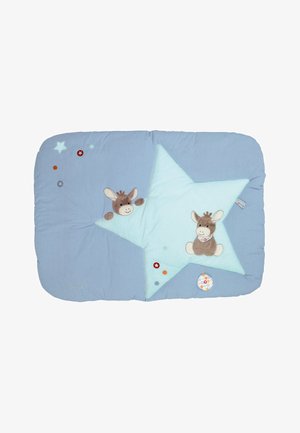 Blue padded blanket in star shape with polka dot texture. Features two brown donkey plush, colorful accents, and a playful design.