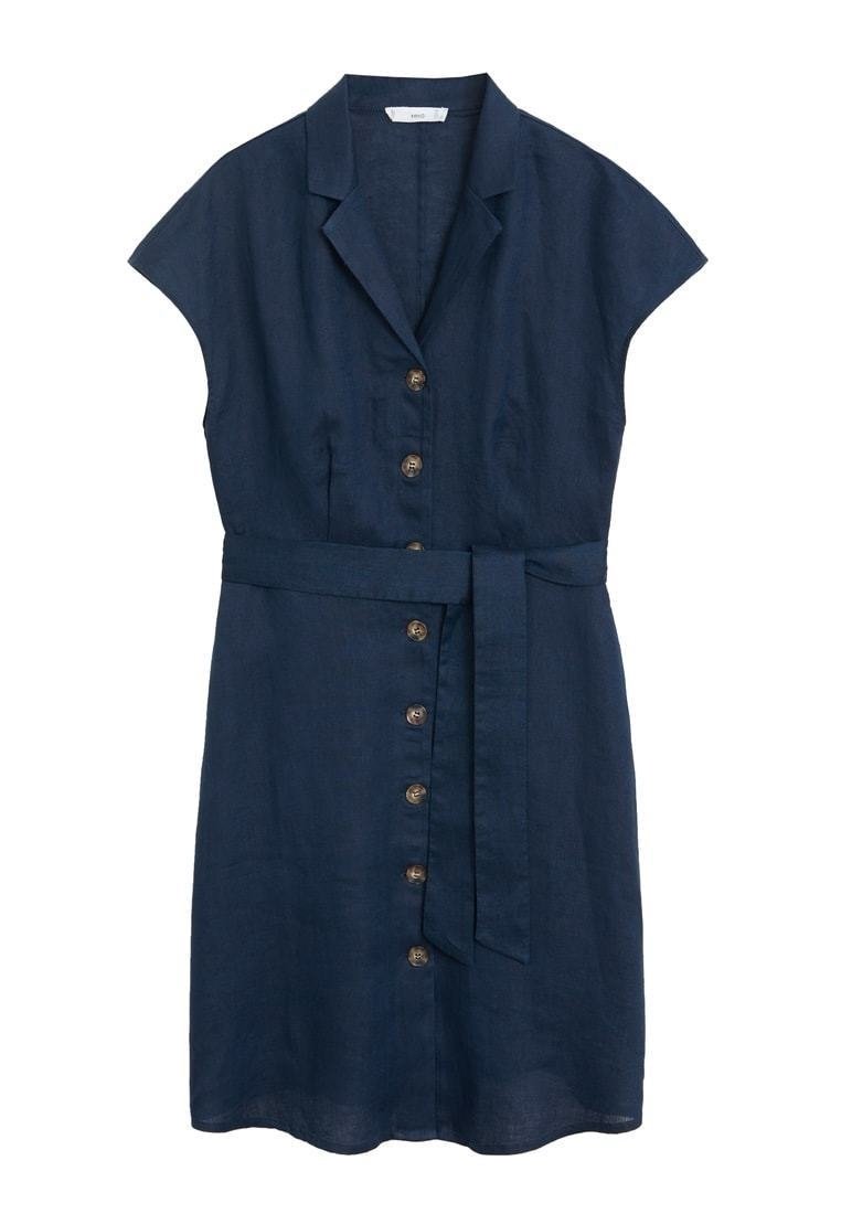 Robe en lin bleu marine, manches courtes en forme de cape, col à revers, fermeture à boutons sur le devant, ceinture à la taille, texture lisse, longueur au genou, design décontracté.
