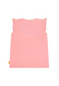 Helles rosa Baumwoll-Top ohne Ärmel mit Rüschendetails an den Schultern und einem Etikett an der unteren linken Seite. Glattes Material, lässiges Design.