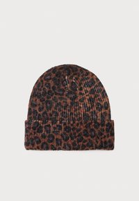 Beanie in stampa leopardo con texture a costine, caratterizzato da un caldo marrone, accenti neri e risvolto per ulteriore calore.