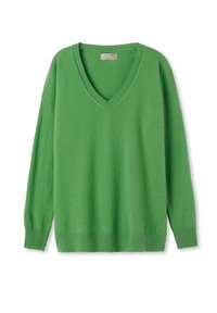 Pull vert à col en V en tissu doux, avec manches longues, poignets et ourlet côtelés, et coupe décontractée. Design simple et uni.