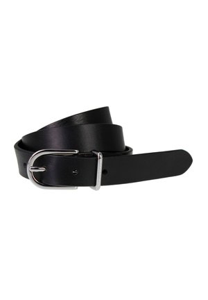 Black leather belt rolled up with a silver metal buckle and several adjustment holes visible on the strap.