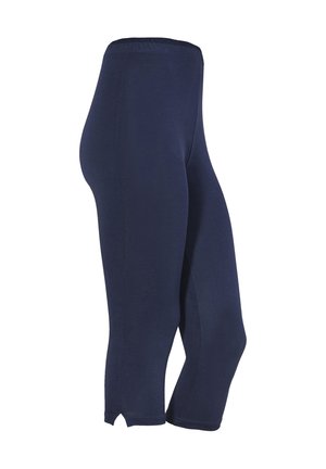 Marineblå korte leggings med elastisk taljebånd og små sideslids på kanten, vist mod en hvid baggrund.