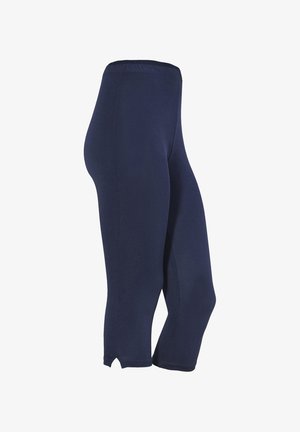 Marineblå korte leggings med elastisk taljebånd og små sideslids på kanten, vist mod en hvid baggrund.