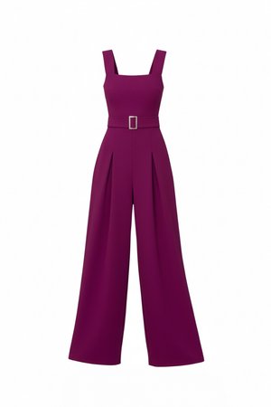 Ärmelloser Pflaumen-Overall mit weitem Bein, quadratischem Ausschnitt und passendem Gürtel mit rechteckiger Schnalle in der Taille.